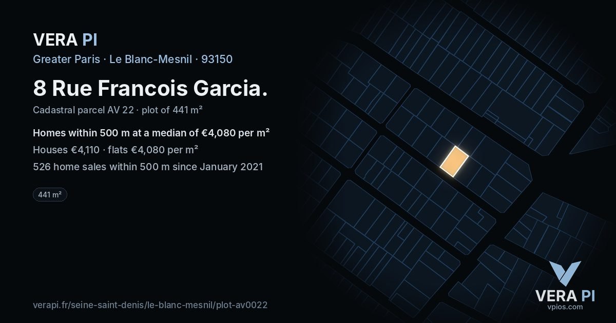 8 Rue Francois Garcia, Le Blanc-Mesnil at night – the plot lit, the parcels around coloured by the prices near them
