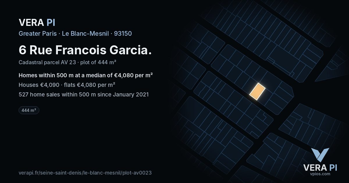 6 Rue Francois Garcia, Le Blanc-Mesnil at night – the plot lit, the parcels around coloured by the prices near them