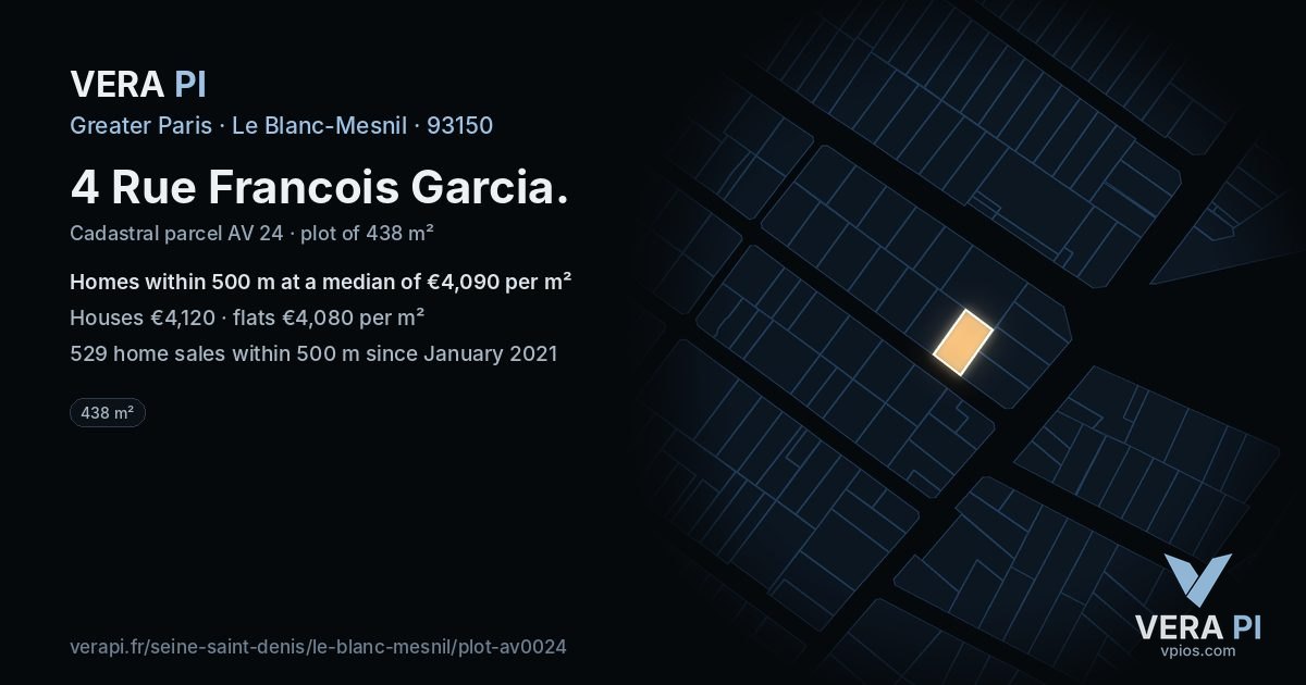 4 Rue Francois Garcia, Le Blanc-Mesnil at night – the plot lit, the parcels around coloured by the prices near them