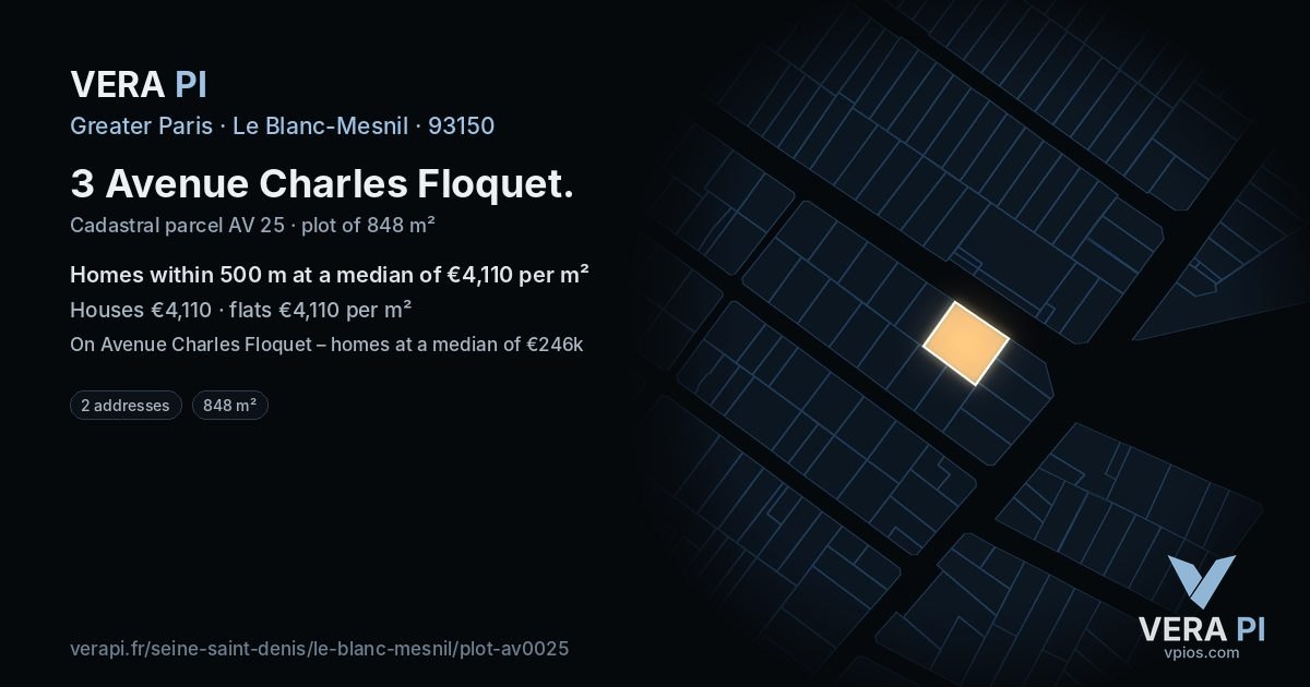 3 Avenue Charles Floquet, Le Blanc-Mesnil at night – the plot lit, the parcels around coloured by the prices near them