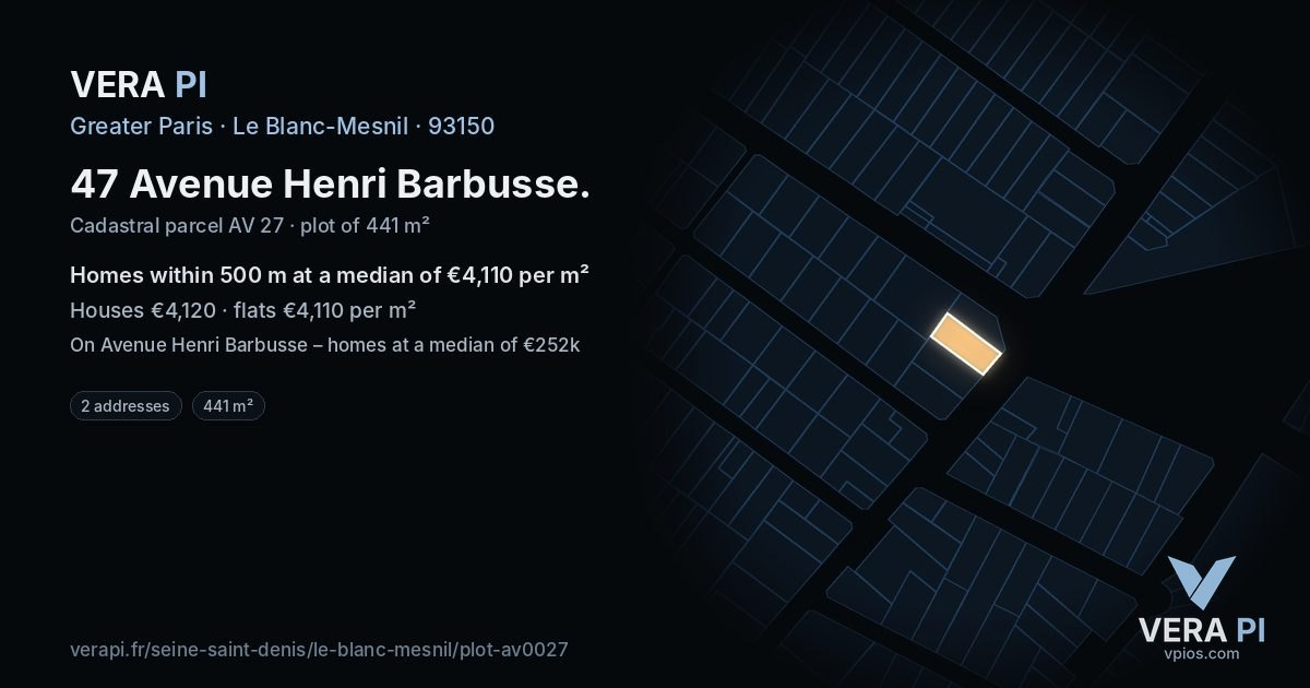 47 Avenue Henri Barbusse, Le Blanc-Mesnil at night – the plot lit, the parcels around coloured by the prices near them