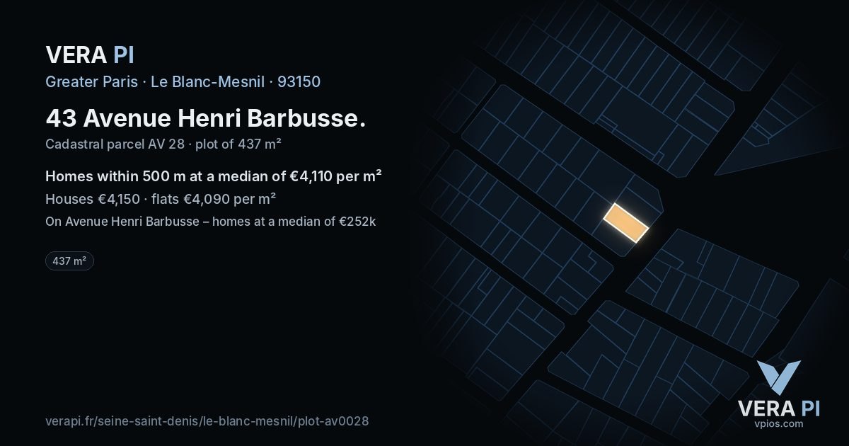 43 Avenue Henri Barbusse, Le Blanc-Mesnil at night – the plot lit, the parcels around coloured by the prices near them