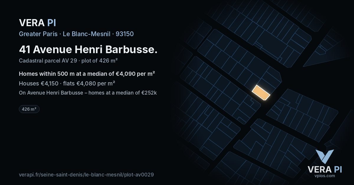 41 Avenue Henri Barbusse, Le Blanc-Mesnil at night – the plot lit, the parcels around coloured by the prices near them