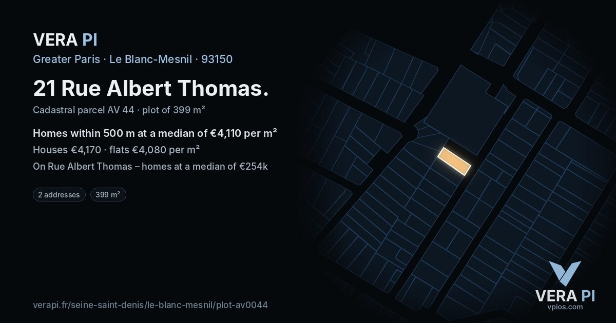 21 Rue Albert Thomas, Le Blanc-Mesnil at night – the plot lit, the parcels around coloured by the prices near them
