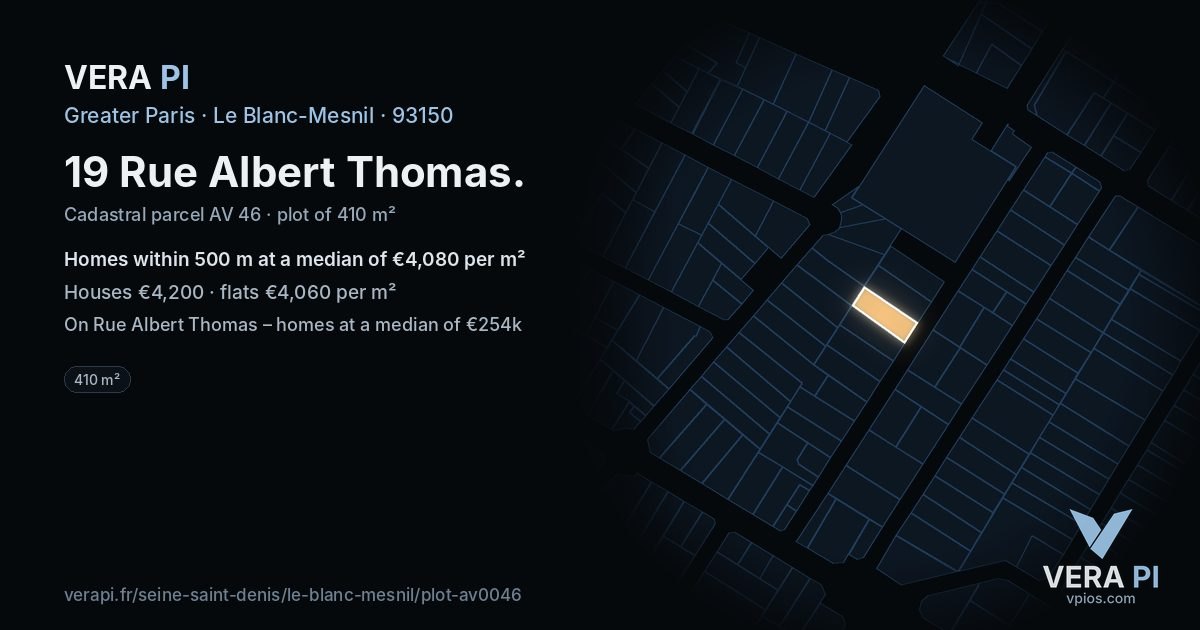 19 Rue Albert Thomas, Le Blanc-Mesnil at night – the plot lit, the parcels around coloured by the prices near them