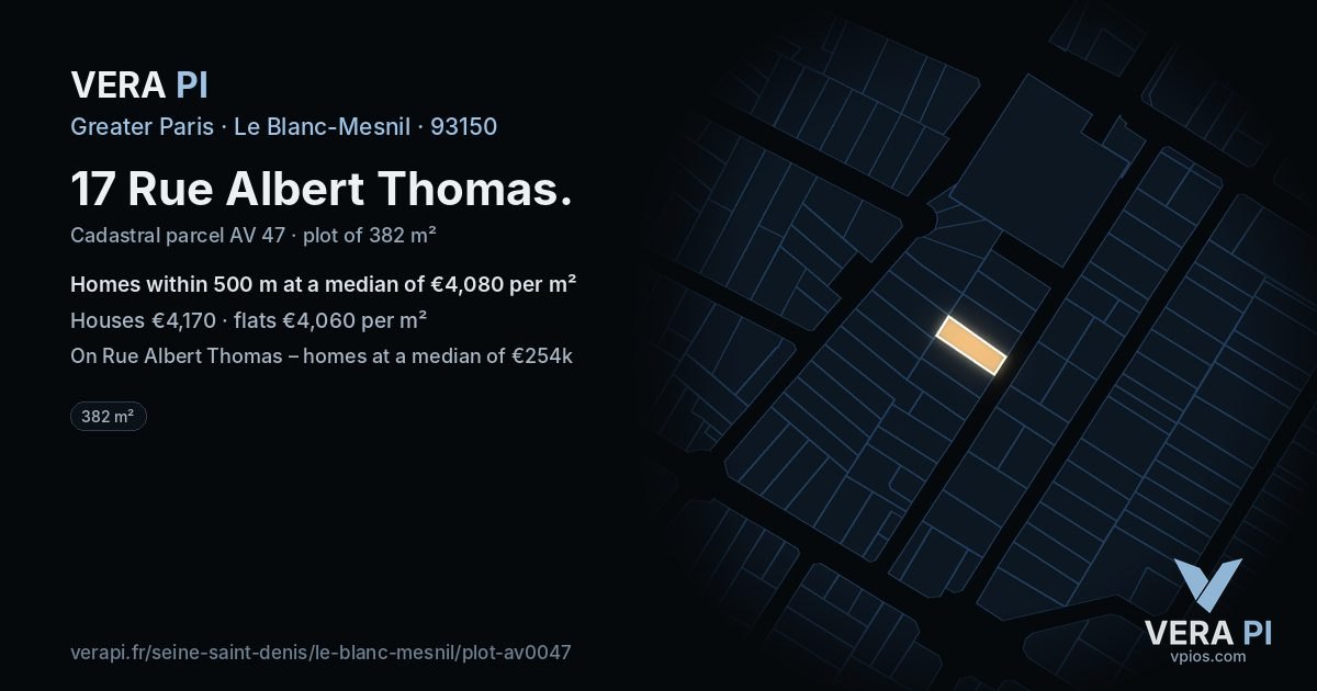17 Rue Albert Thomas, Le Blanc-Mesnil at night – the plot lit, the parcels around coloured by the prices near them