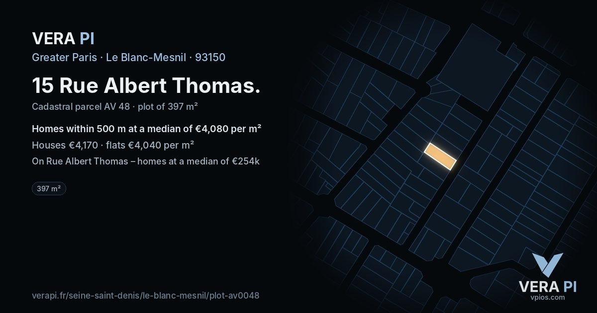 15 Rue Albert Thomas, Le Blanc-Mesnil at night – the plot lit, the parcels around coloured by the prices near them