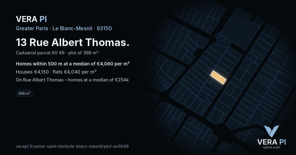 13 Rue Albert Thomas, Le Blanc-Mesnil at night – the plot lit, the parcels around coloured by the prices near them