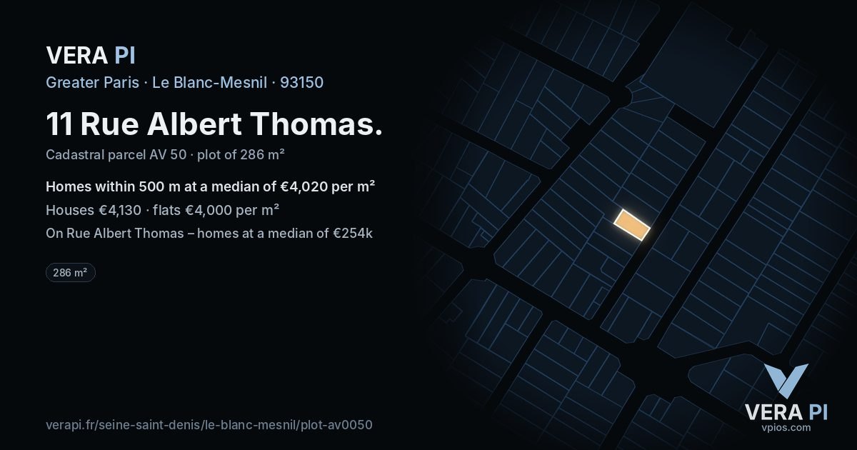 11 Rue Albert Thomas, Le Blanc-Mesnil at night – the plot lit, the parcels around coloured by the prices near them