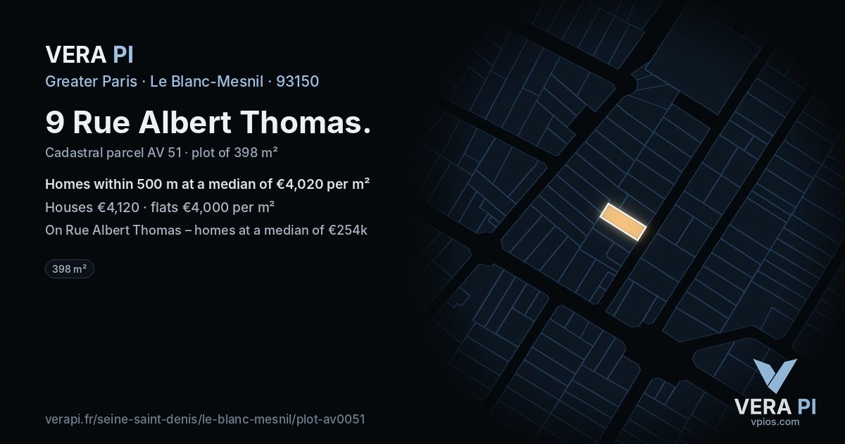 9 Rue Albert Thomas, Le Blanc-Mesnil at night – the plot lit, the parcels around coloured by the prices near them