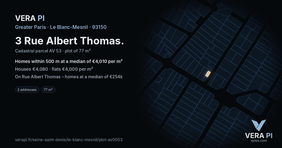 3 Rue Albert Thomas, Le Blanc-Mesnil at night – the plot lit, the parcels around coloured by the prices near them