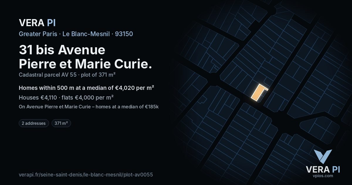 31 bis Avenue Pierre et Marie Curie, Le Blanc-Mesnil at night – the plot lit, the parcels around coloured by the prices near them
