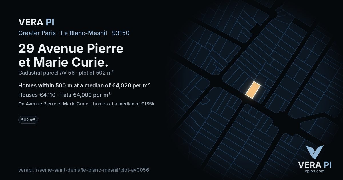 29 Avenue Pierre et Marie Curie, Le Blanc-Mesnil at night – the plot lit, the parcels around coloured by the prices near them