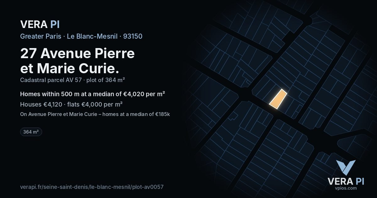 27 Avenue Pierre et Marie Curie, Le Blanc-Mesnil at night – the plot lit, the parcels around coloured by the prices near them