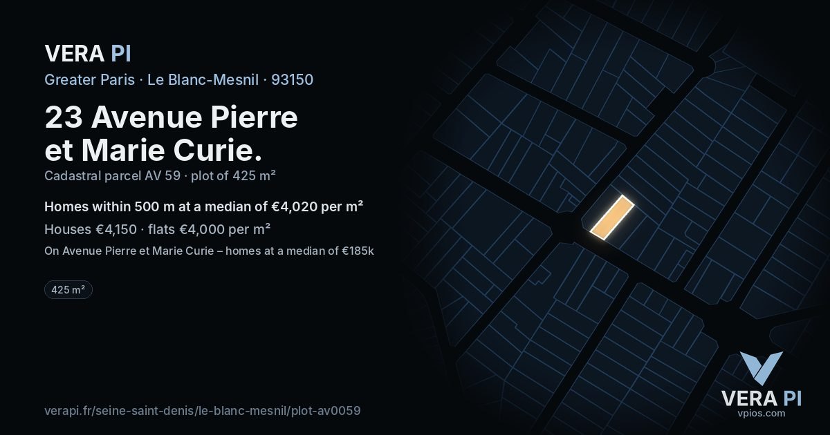 23 Avenue Pierre et Marie Curie, Le Blanc-Mesnil at night – the plot lit, the parcels around coloured by the prices near them