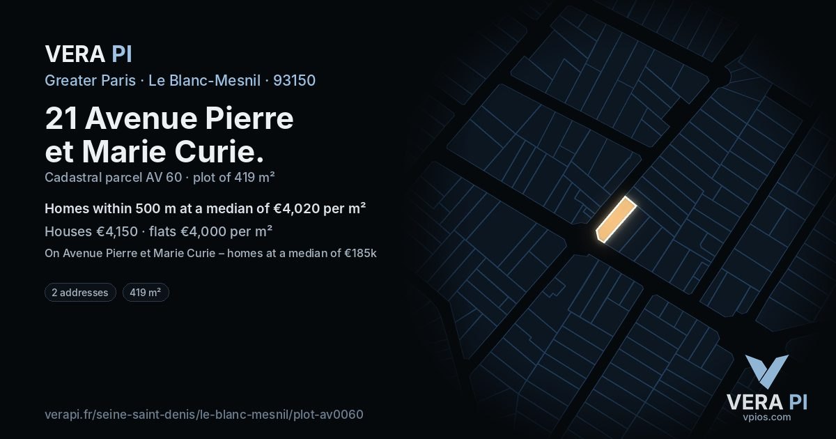 21 Avenue Pierre et Marie Curie, Le Blanc-Mesnil at night – the plot lit, the parcels around coloured by the prices near them