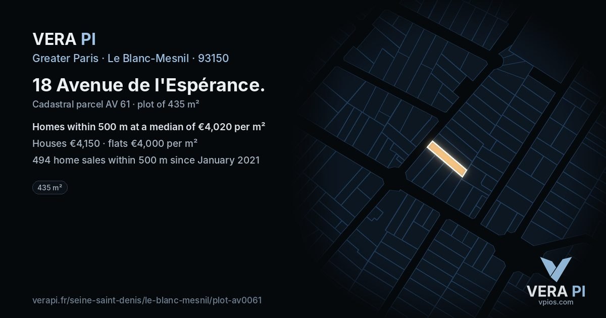 18 Avenue de l'Espérance, Le Blanc-Mesnil at night – the plot lit, the parcels around coloured by the prices near them