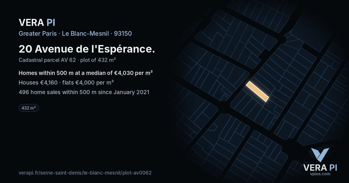 20 Avenue de l'Espérance, Le Blanc-Mesnil at night – the plot lit, the parcels around coloured by the prices near them