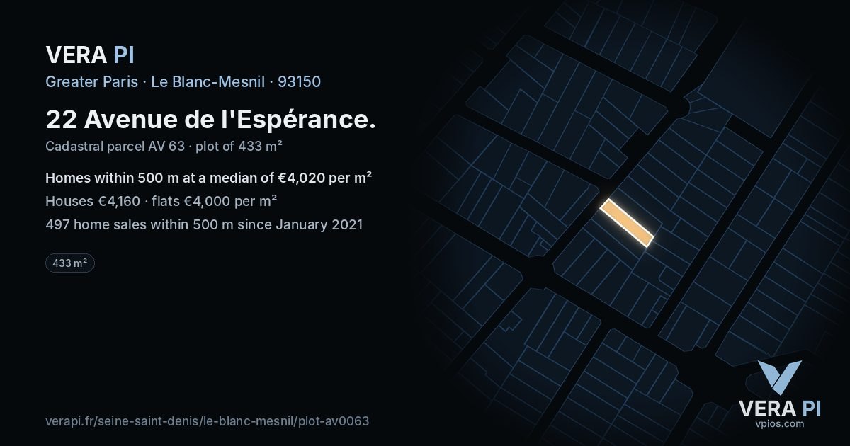 22 Avenue de l'Espérance, Le Blanc-Mesnil at night – the plot lit, the parcels around coloured by the prices near them