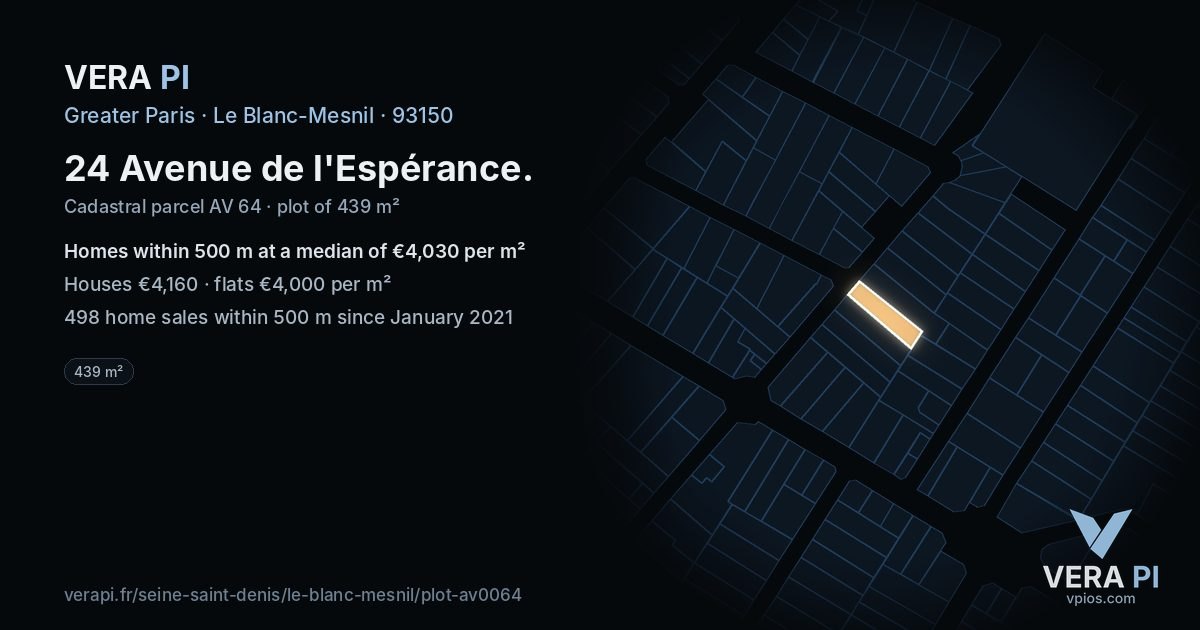 24 Avenue de l'Espérance, Le Blanc-Mesnil at night – the plot lit, the parcels around coloured by the prices near them
