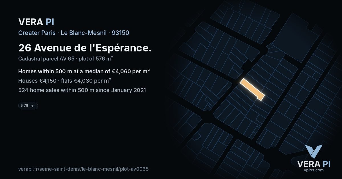 26 Avenue de l'Espérance, Le Blanc-Mesnil at night – the plot lit, the parcels around coloured by the prices near them