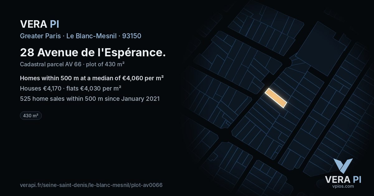 28 Avenue de l'Espérance, Le Blanc-Mesnil at night – the plot lit, the parcels around coloured by the prices near them