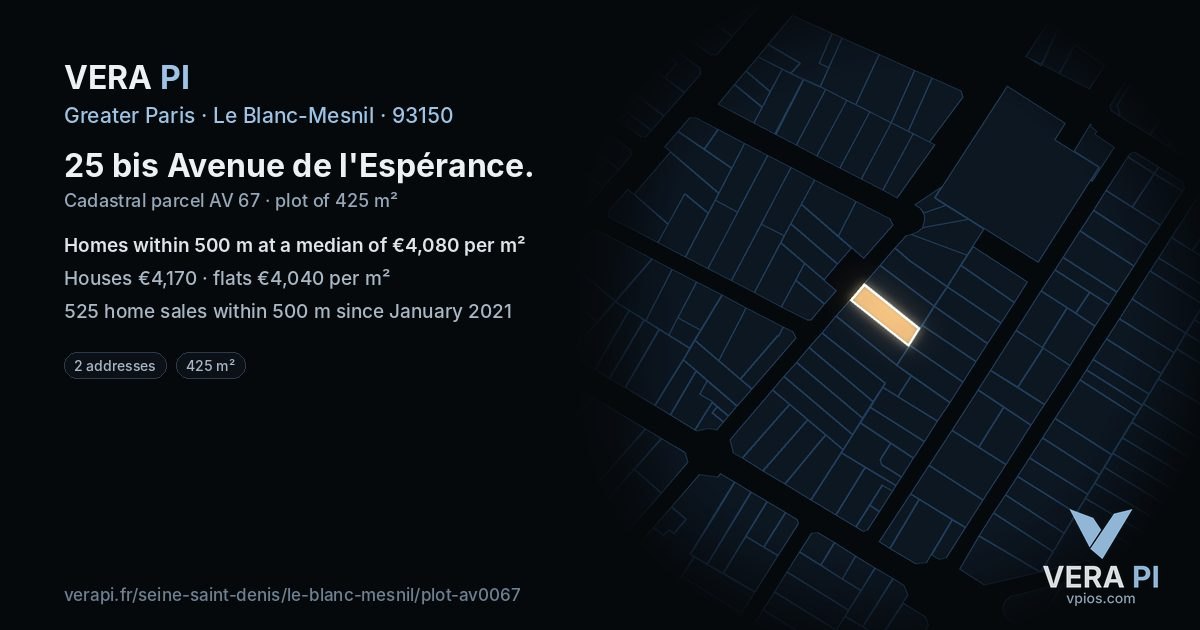 25 bis Avenue de l'Espérance, Le Blanc-Mesnil at night – the plot lit, the parcels around coloured by the prices near them