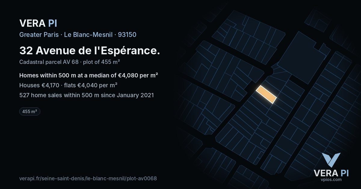 32 Avenue de l'Espérance, Le Blanc-Mesnil at night – the plot lit, the parcels around coloured by the prices near them