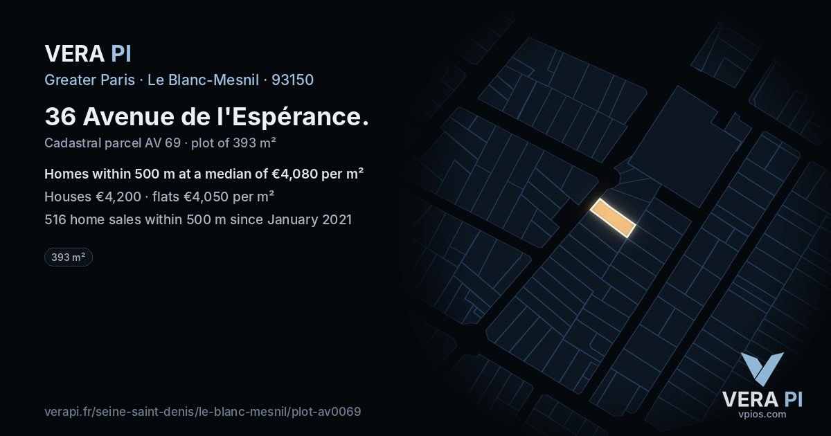 36 Avenue de l'Espérance, Le Blanc-Mesnil at night – the plot lit, the parcels around coloured by the prices near them
