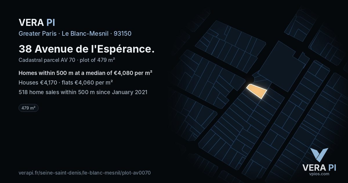 38 Avenue de l'Espérance, Le Blanc-Mesnil at night – the plot lit, the parcels around coloured by the prices near them