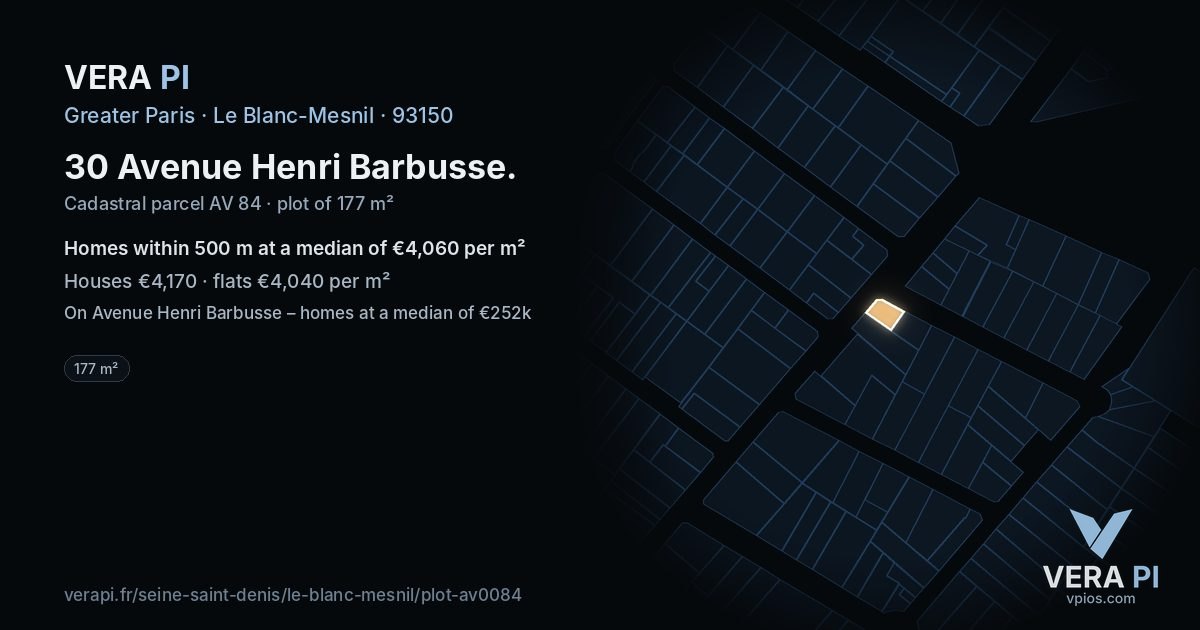 30 Avenue Henri Barbusse, Le Blanc-Mesnil at night – the plot lit, the parcels around coloured by the prices near them