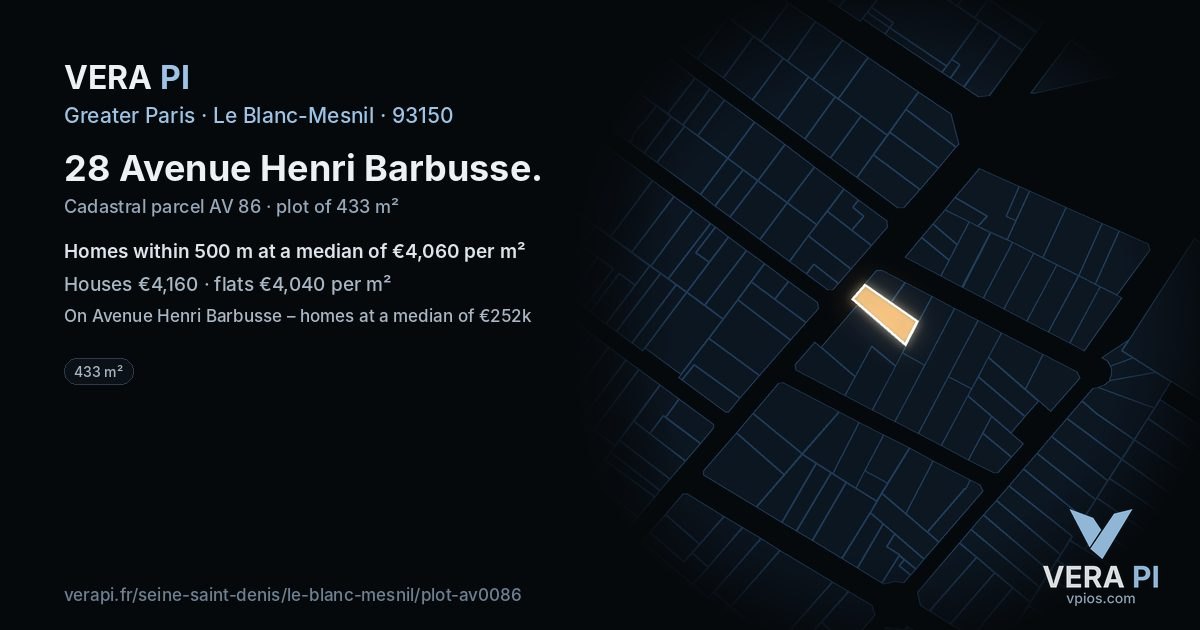28 Avenue Henri Barbusse, Le Blanc-Mesnil at night – the plot lit, the parcels around coloured by the prices near them