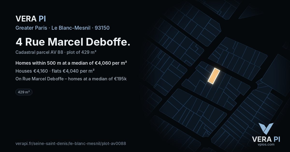 4 Rue Marcel Deboffe, Le Blanc-Mesnil at night – the plot lit, the parcels around coloured by the prices near them