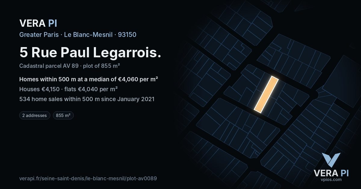 5 Rue Paul Legarrois, Le Blanc-Mesnil at night – the plot lit, the parcels around coloured by the prices near them