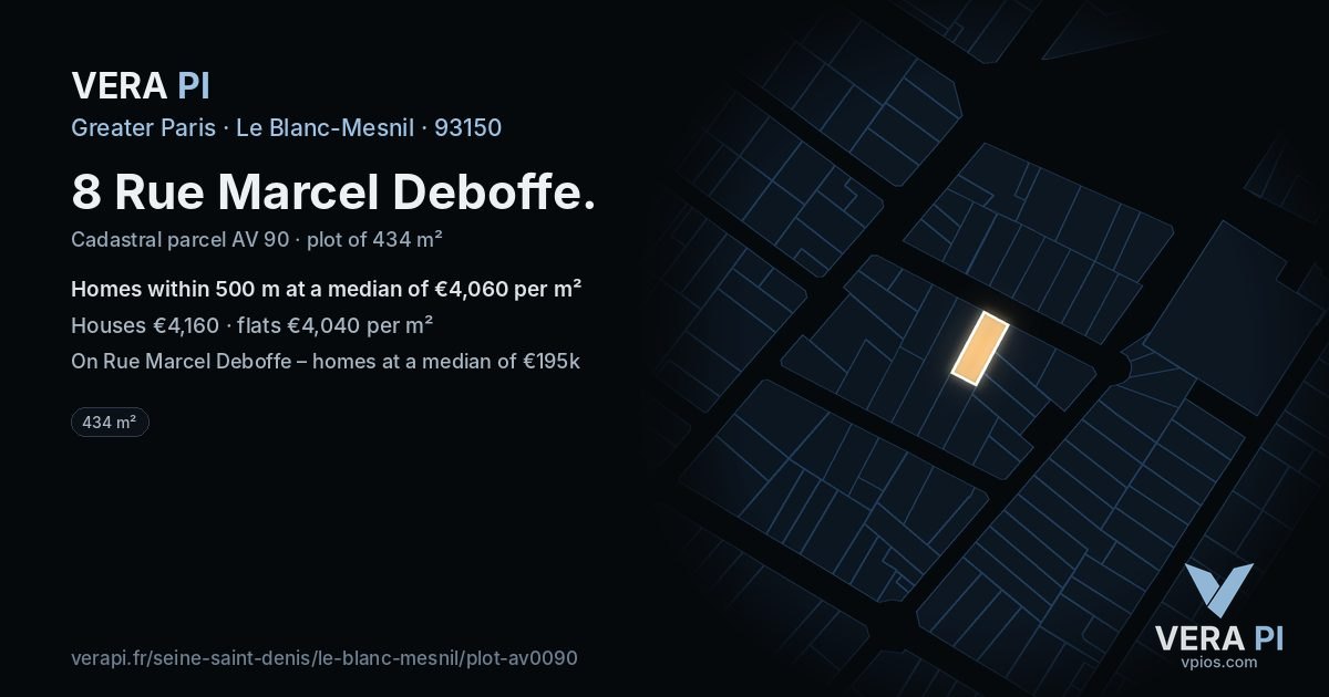 8 Rue Marcel Deboffe, Le Blanc-Mesnil at night – the plot lit, the parcels around coloured by the prices near them