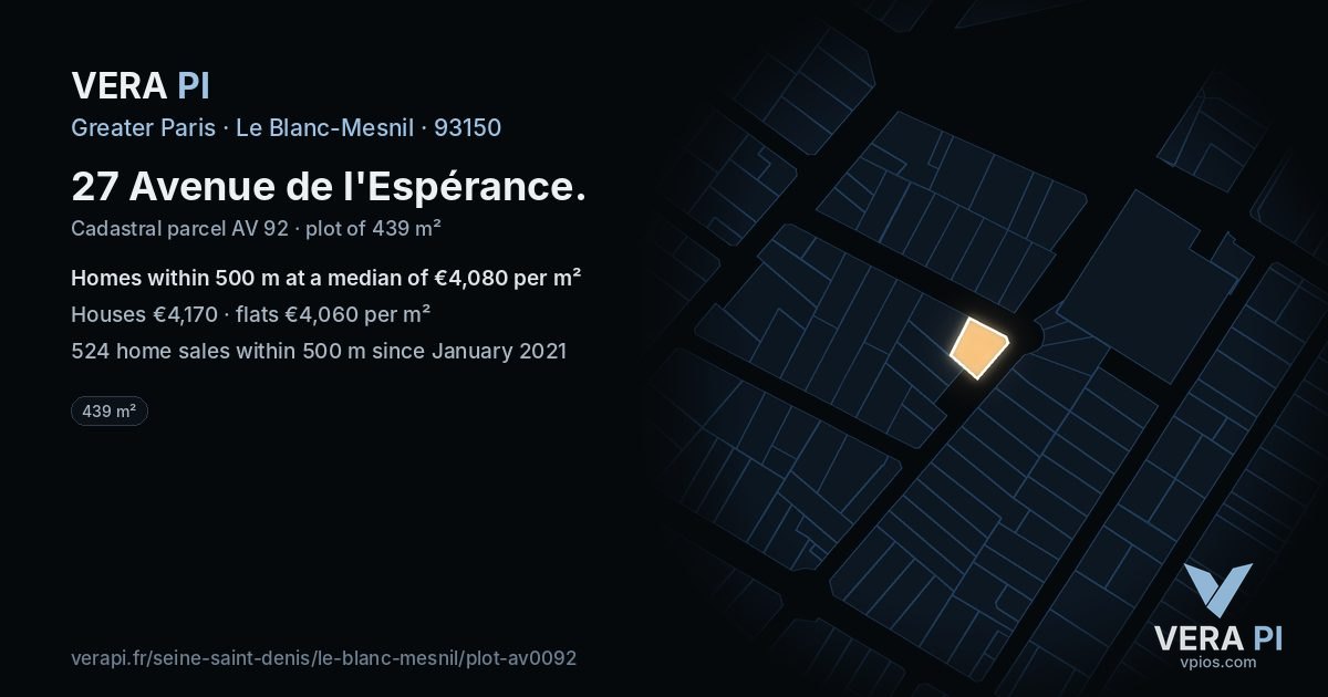 27 Avenue de l'Espérance, Le Blanc-Mesnil at night – the plot lit, the parcels around coloured by the prices near them
