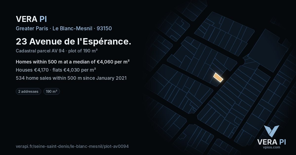 23 Avenue de l'Espérance, Le Blanc-Mesnil at night – the plot lit, the parcels around coloured by the prices near them