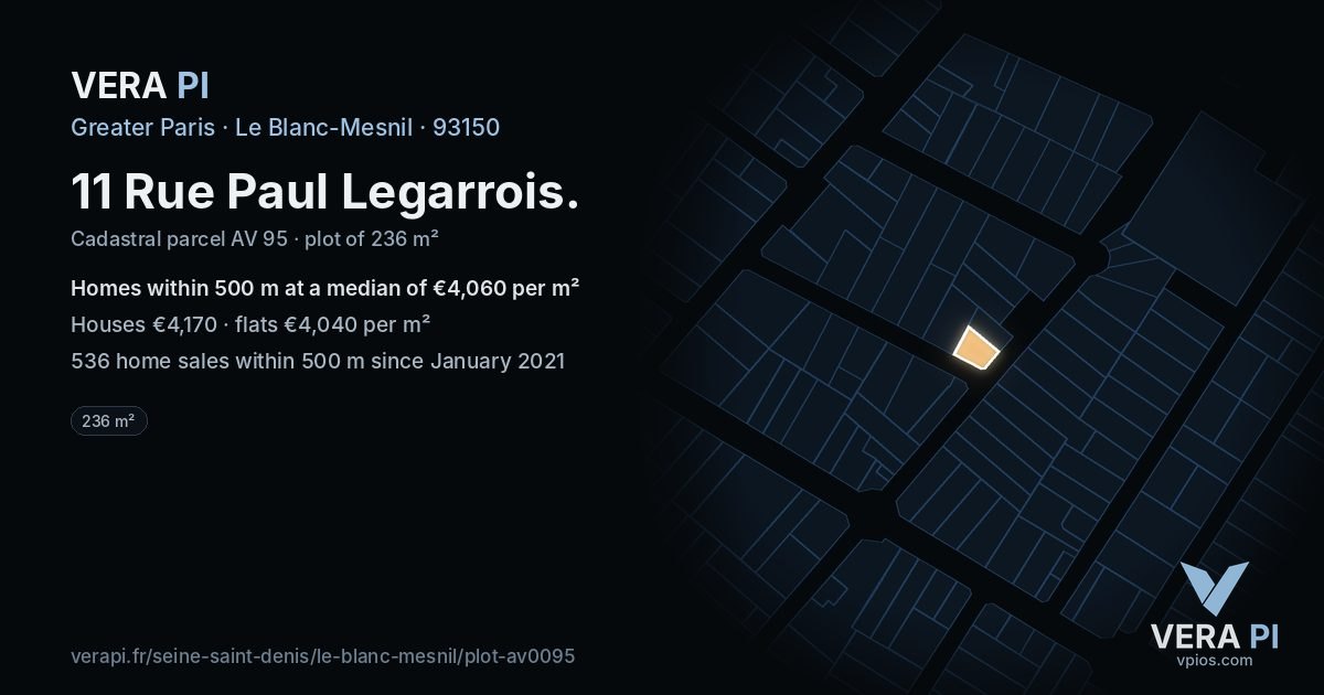 11 Rue Paul Legarrois, Le Blanc-Mesnil at night – the plot lit, the parcels around coloured by the prices near them