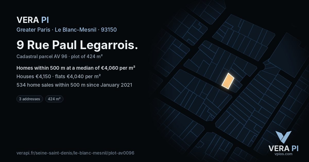 9 Rue Paul Legarrois, Le Blanc-Mesnil at night – the plot lit, the parcels around coloured by the prices near them