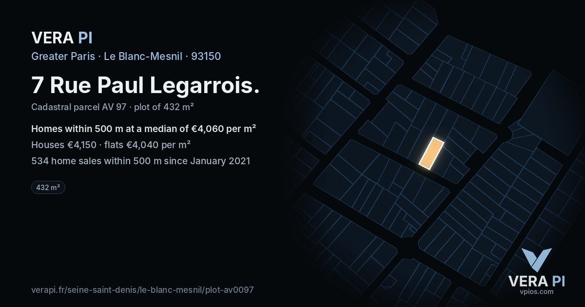 7 Rue Paul Legarrois, Le Blanc-Mesnil at night – the plot lit, the parcels around coloured by the prices near them