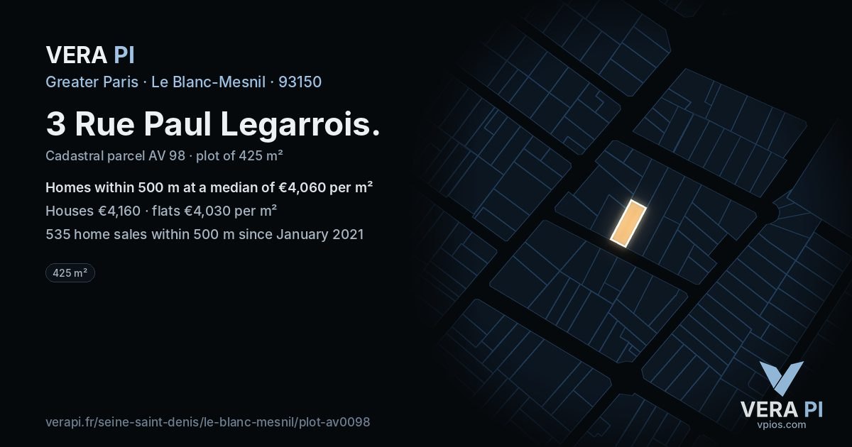 3 Rue Paul Legarrois, Le Blanc-Mesnil at night – the plot lit, the parcels around coloured by the prices near them