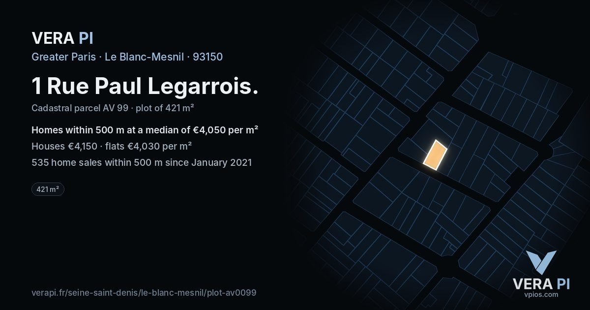 1 Rue Paul Legarrois, Le Blanc-Mesnil at night – the plot lit, the parcels around coloured by the prices near them