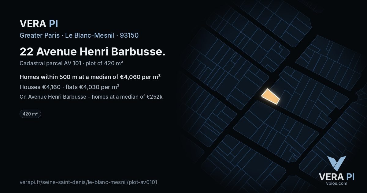 22 Avenue Henri Barbusse, Le Blanc-Mesnil at night – the plot lit, the parcels around coloured by the prices near them