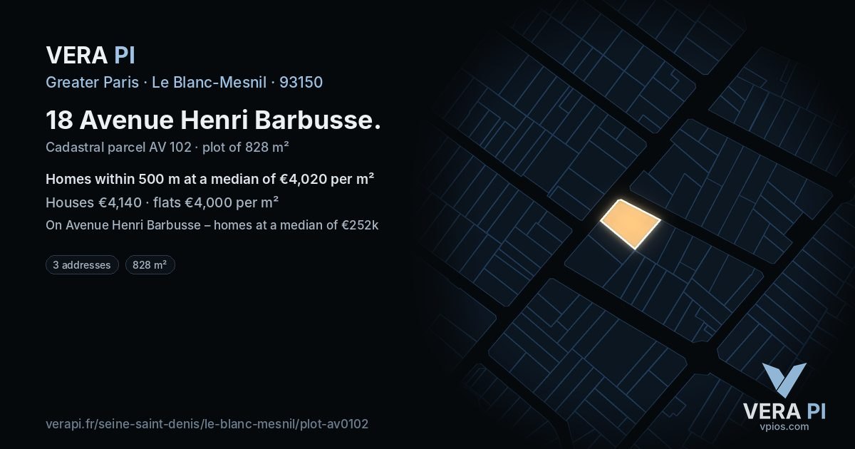 18 Avenue Henri Barbusse, Le Blanc-Mesnil at night – the plot lit, the parcels around coloured by the prices near them