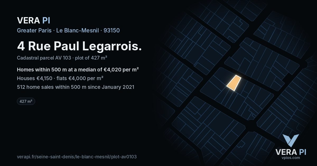 4 Rue Paul Legarrois, Le Blanc-Mesnil at night – the plot lit, the parcels around coloured by the prices near them