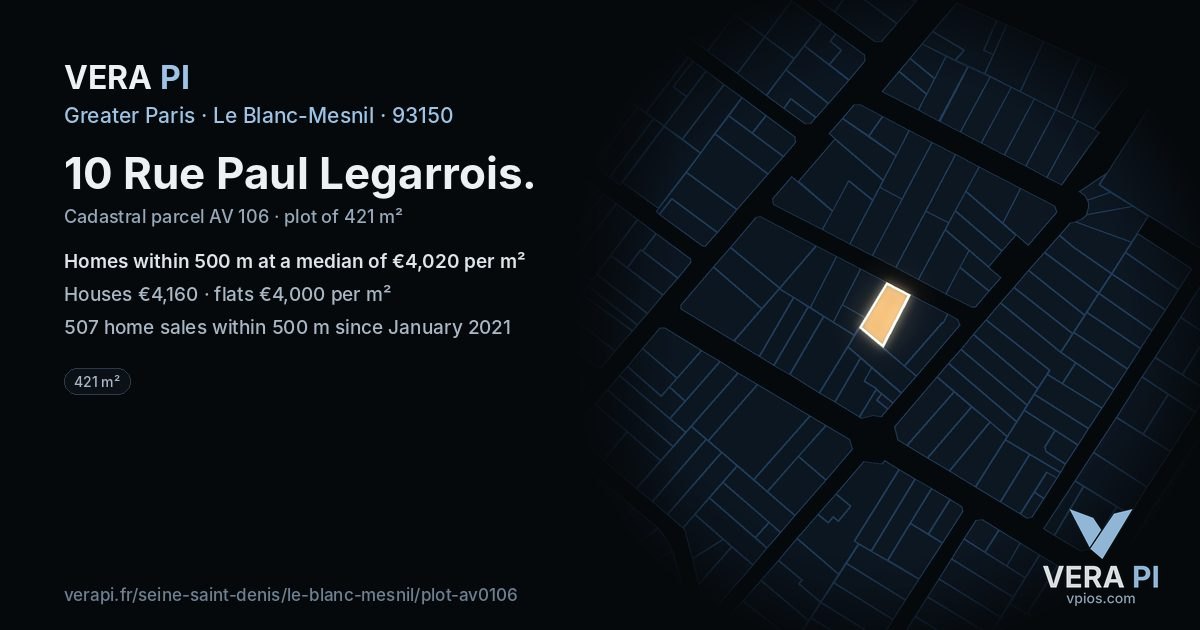 10 Rue Paul Legarrois, Le Blanc-Mesnil at night – the plot lit, the parcels around coloured by the prices near them