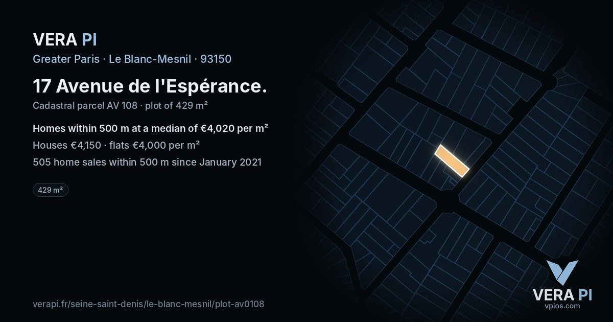 17 Avenue de l'Espérance, Le Blanc-Mesnil at night – the plot lit, the parcels around coloured by the prices near them