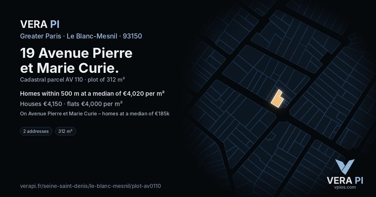 19 Avenue Pierre et Marie Curie, Le Blanc-Mesnil at night – the plot lit, the parcels around coloured by the prices near them