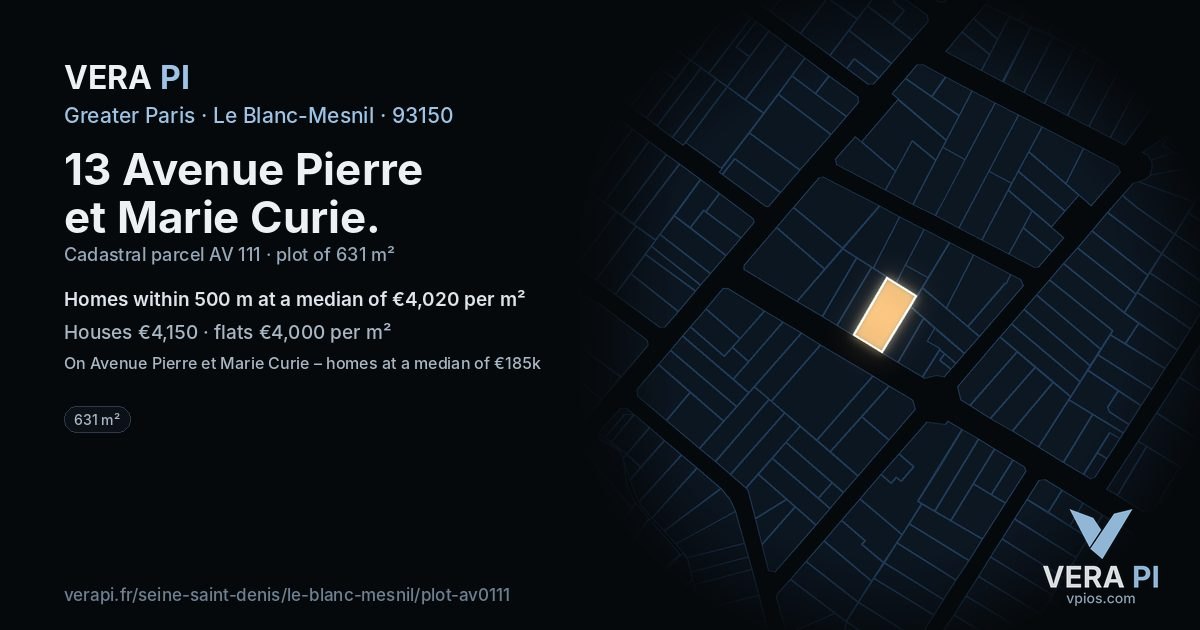 13 Avenue Pierre et Marie Curie, Le Blanc-Mesnil at night – the plot lit, the parcels around coloured by the prices near them