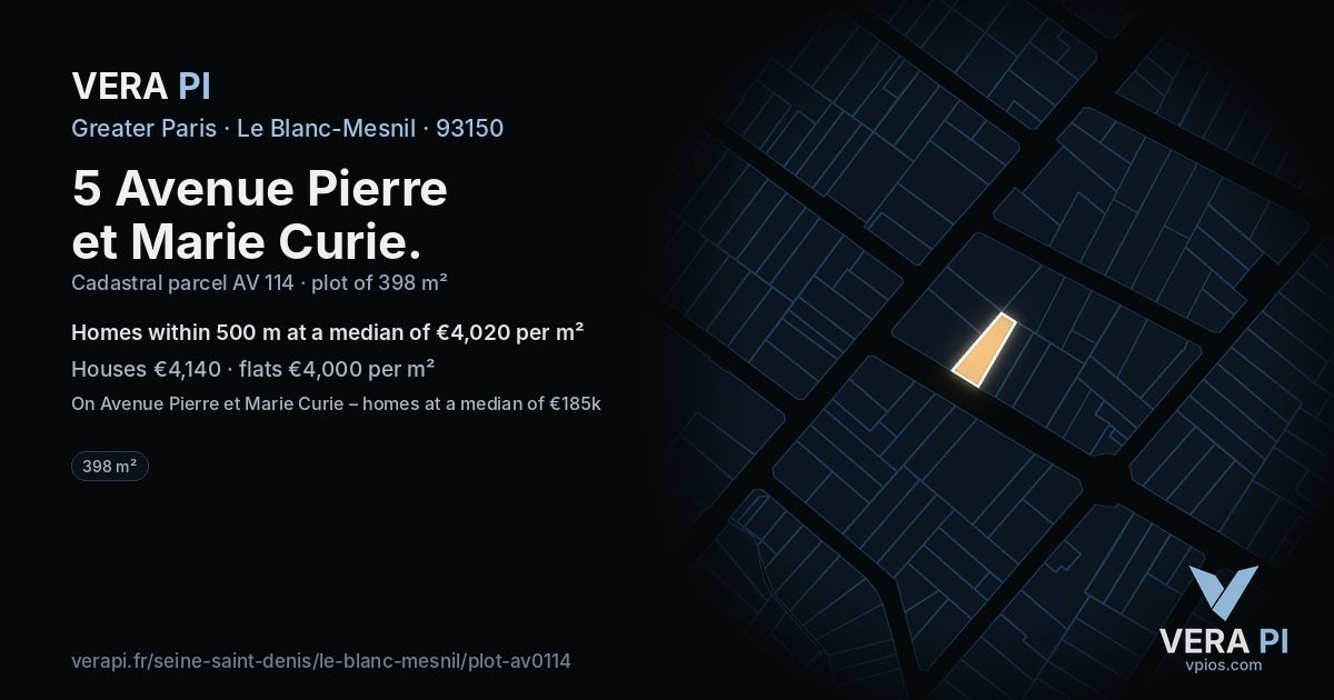 5 Avenue Pierre et Marie Curie, Le Blanc-Mesnil at night – the plot lit, the parcels around coloured by the prices near them